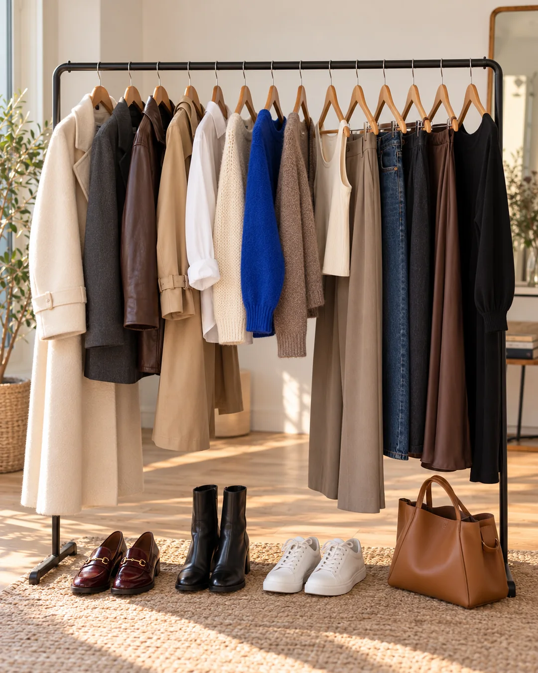 Un portant avec une quinzaine de pièces coordonnées (manteau écru, blazer, cuir chocolat, trench, mailles, jean, jupe longue) et trois paires de chaussures et un sac au sol.